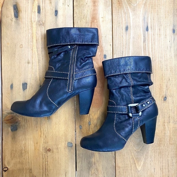 Fossil Womens‎ Fold Over Harness Boots Mid Calf Leather Black Size 9 - Picture 1 of 11